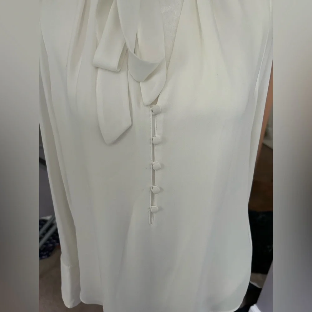 White House Black Market Cream Long Sleeve Tie Front Blouse - Picture 6 of 8